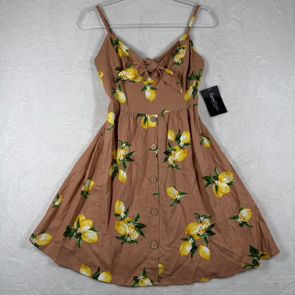 Sweet Rain Dresses & Skirts - Sweet Rain Lemon Print Linen Blend Tie Front Mini Dress Tan Yellow Small